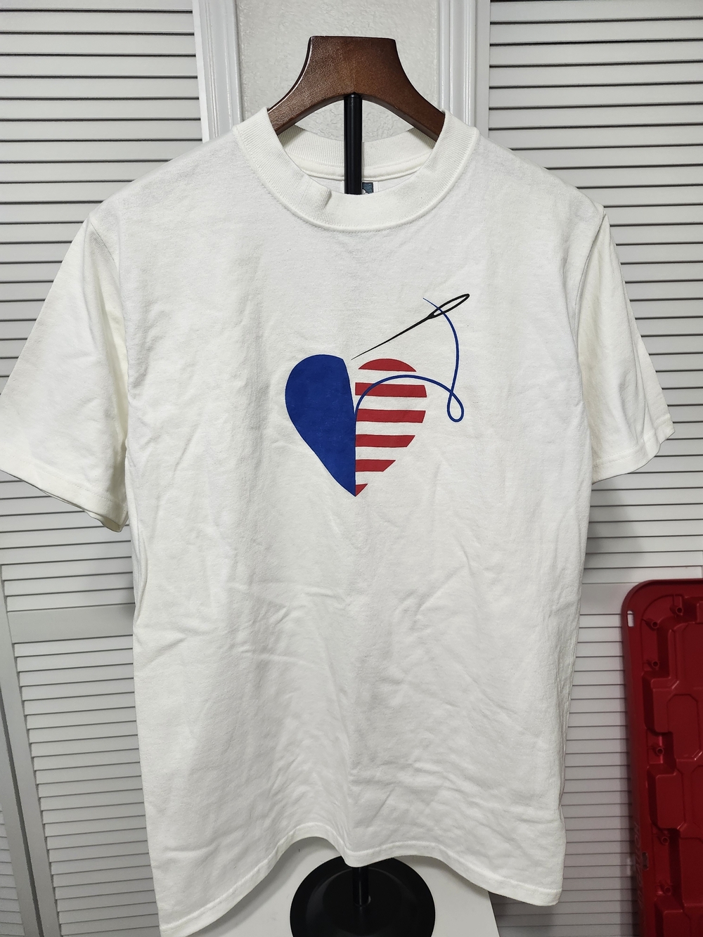 White Short Sleeve Tee with Blue & Red Heart Graphic